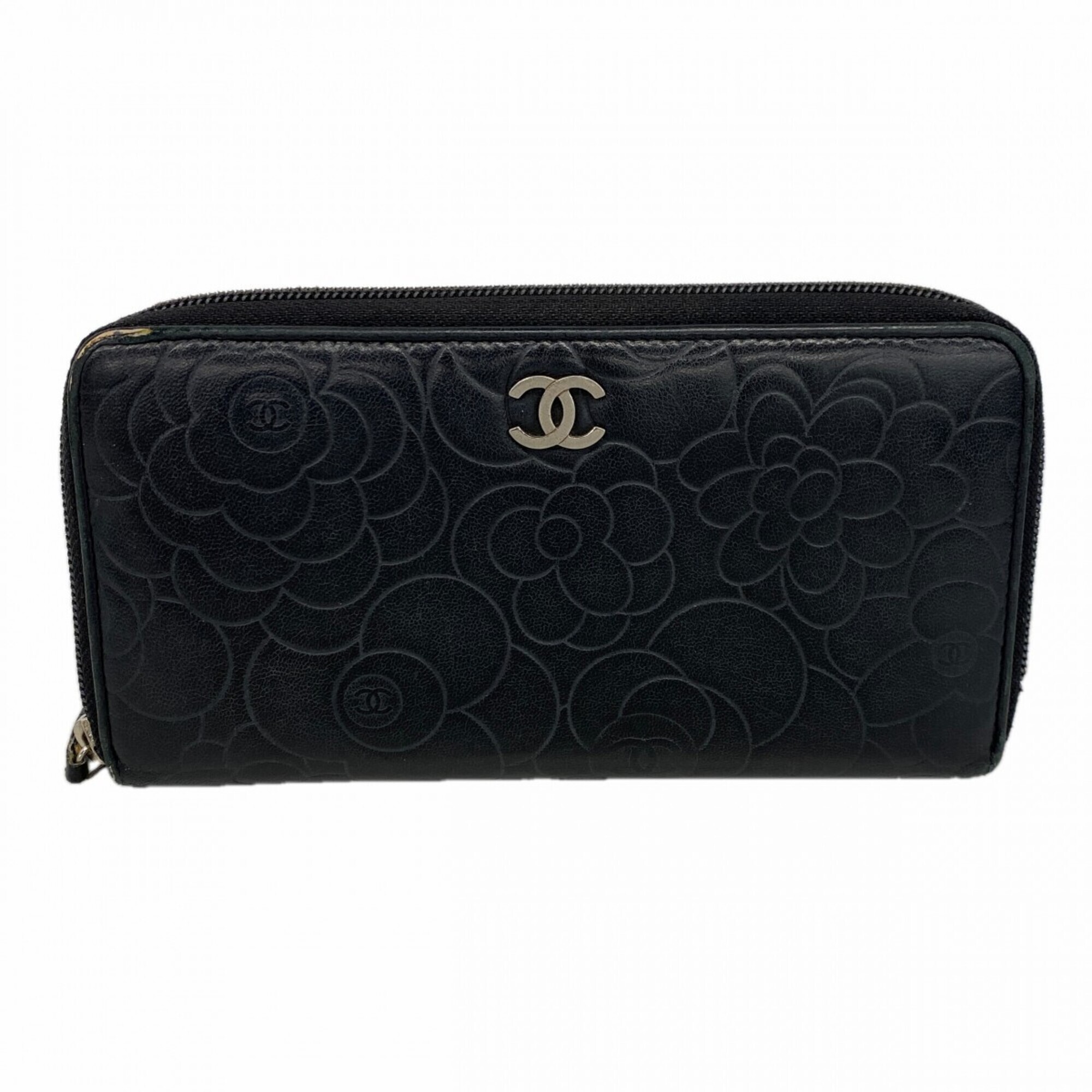 Chanel Long Wallet, Camellia Design, Lambskin, Black, Women's.